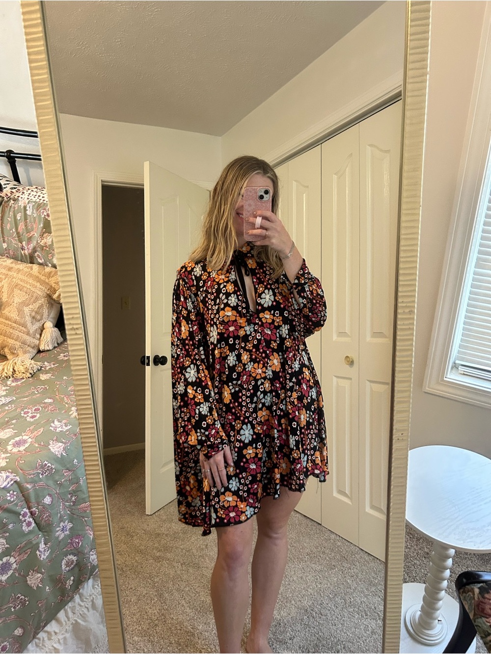 Free People Black Floral Keyhole Long-Sleeve Mini Dress